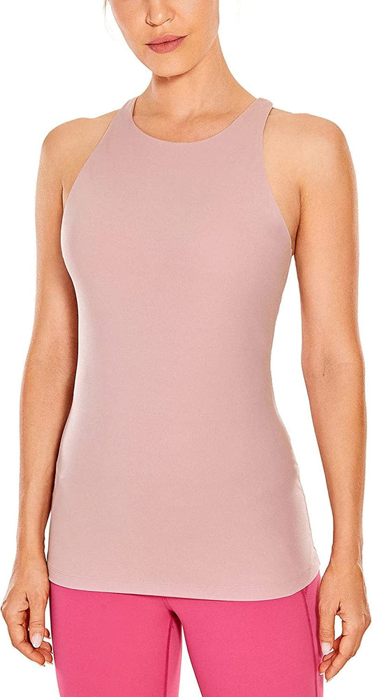 CRZ YOGA Womens High Neck Workout Tank Tops - with Built-In Shelf Bra Racerback Athletic Sports Shirts Rose Lavender / Medium