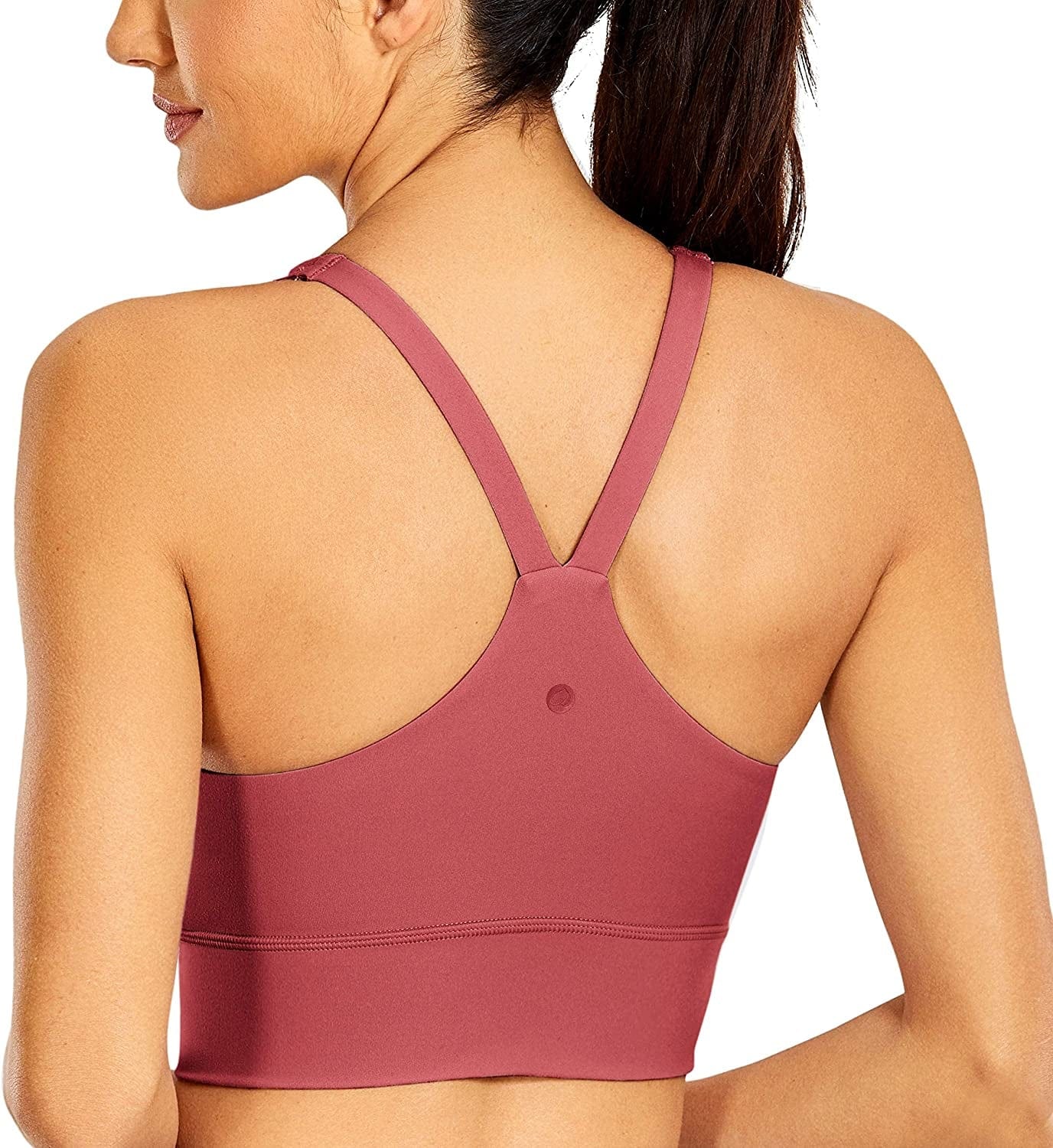 CRZ YOGA Y Back Longline Sports Bra for Women - V Neck Padded Racerback Sports Bra Crop Tank Top Purplish Red / X-Large