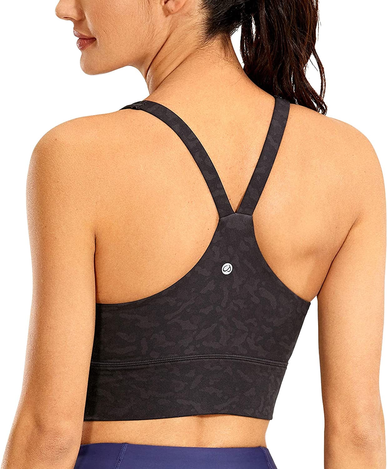 CRZ YOGA Y Back Longline Sports Bra for Women - V Neck Padded Racerback Sports Bra Crop Tank Top Olive Leopard Grain / Medium