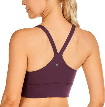 CRZ YOGA Y Back Longline Sports Bra for Women - V Neck Padded Racerback Sports Bra Crop Tank Top Dark Russet / X-Large