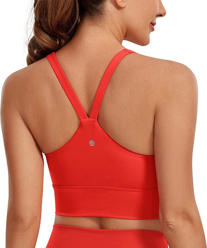 CRZ YOGA Y Back Longline Sports Bra for Women - V Neck Padded Racerback Sports Bra Crop Tank Top Dark Red / Large