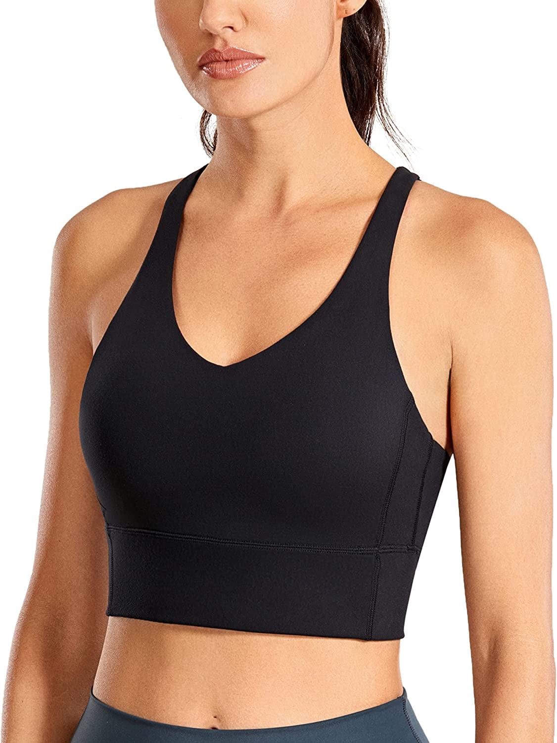 CRZ YOGA Y Back Longline Sports Bra for Women - V Neck Padded Racerback Sports Bra Crop Tank Top Black / Large