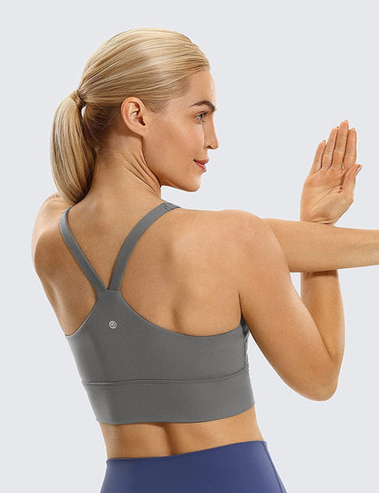 CRZ YOGA Y Back Longline Sports Bra for Women - V Neck Padded Racerback Sports Bra Crop Tank Top