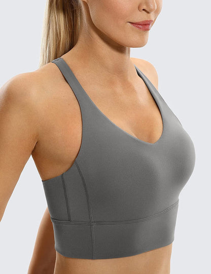 CRZ YOGA Y Back Longline Sports Bra for Women - V Neck Padded Racerback Sports Bra Crop Tank Top