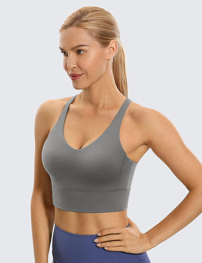 CRZ YOGA Y Back Longline Sports Bra for Women - V Neck Padded Racerback Sports Bra Crop Tank Top