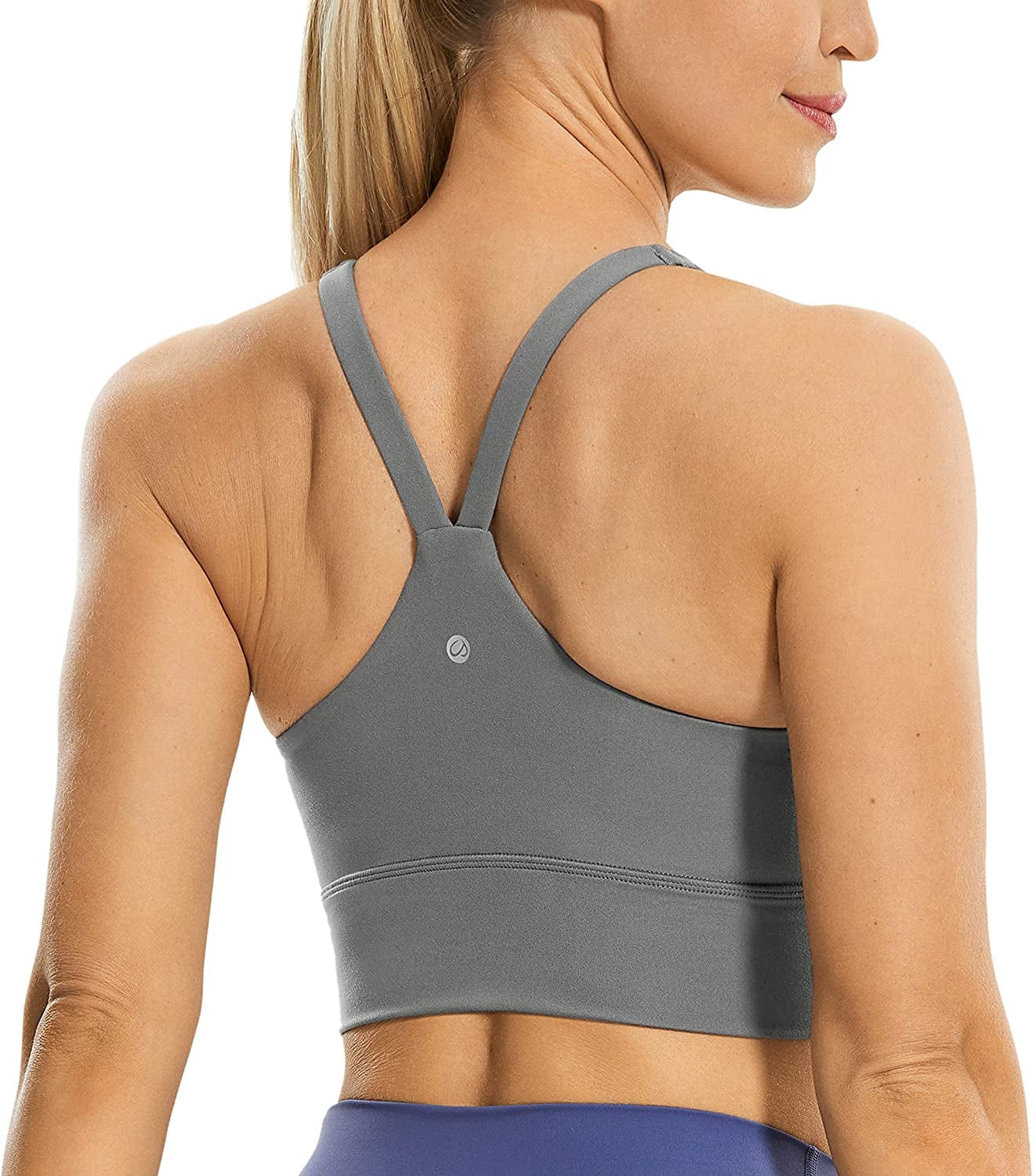 CRZ YOGA Y Back Longline Sports Bra for Women - V Neck Padded Racerback Sports Bra Crop Tank Top Dark Carbon / Medium