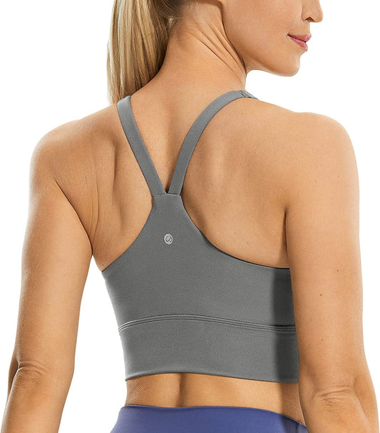 CRZ YOGA Y Back Longline Sports Bra for Women - V Neck Padded Racerback Sports Bra Crop Tank Top Dark Carbon / Medium
