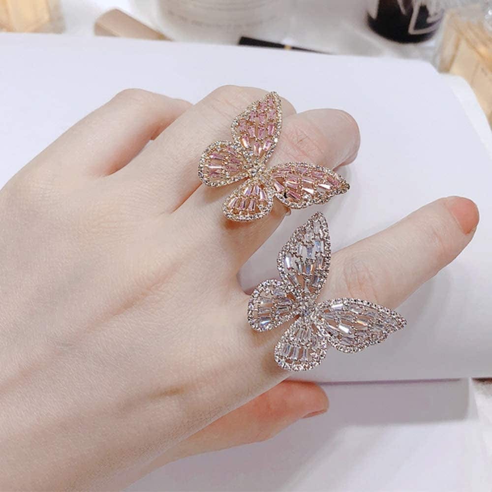 Cubic Zirconia Butterfly Ring Sparkling Crystal Bow-Knot Knuckle Ring Wedding Jewelry for Women Girl