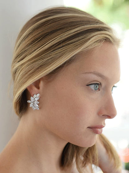 Cubic Zirconia Cluster Bridal & Wedding Earrings, Earring for Bride, Silver CZ Earring for Women