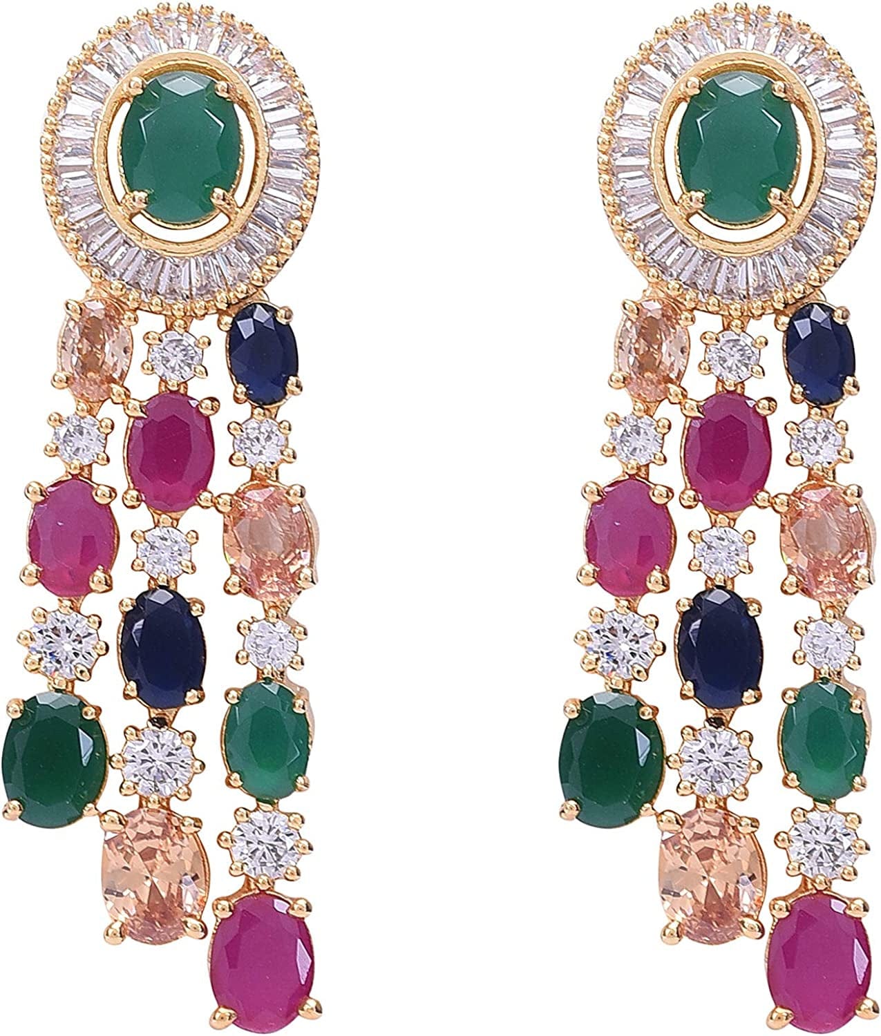 Cubic Zirconia Gorgeous Wedding Bridal Multi Strand Necklace Dangle Earrings Jewelry Set