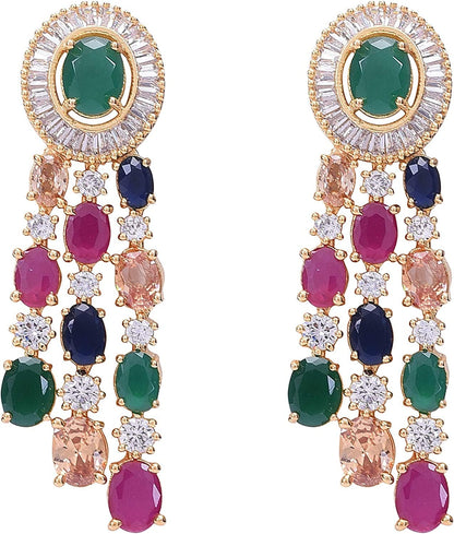 Cubic Zirconia Gorgeous Wedding Bridal Multi Strand Necklace Dangle Earrings Jewelry Set