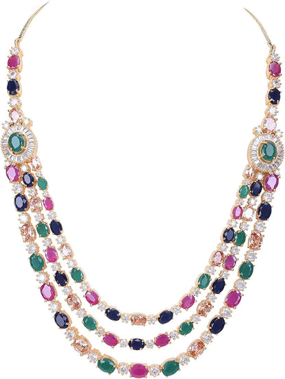 Cubic Zirconia Gorgeous Wedding Bridal Multi Strand Necklace Dangle Earrings Jewelry Set