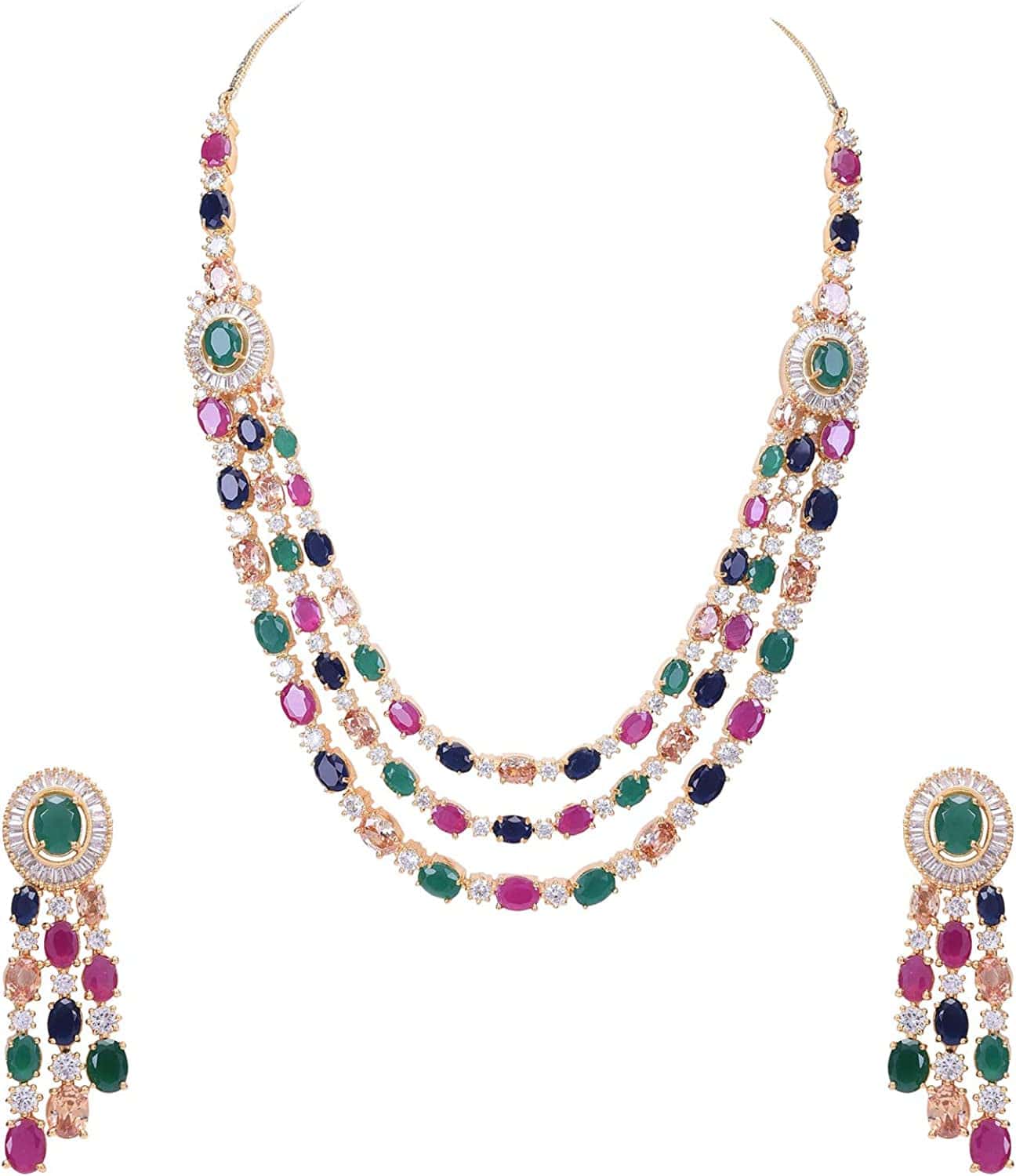 Cubic Zirconia Gorgeous Wedding Bridal Multi Strand Necklace Dangle Earrings Jewelry Set