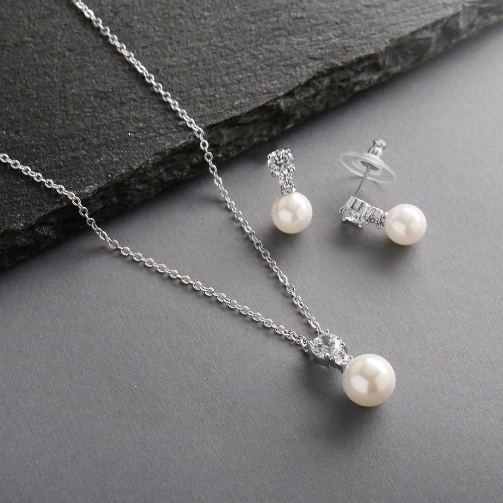 Cubic Zirconia & Ivory Pearl Wedding Necklace and Earrings Jewelry Set for Bridesmaids & Brides
