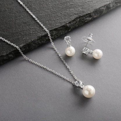 Cubic Zirconia & Ivory Pearl Wedding Necklace and Earrings Jewelry Set for Bridesmaids & Brides
