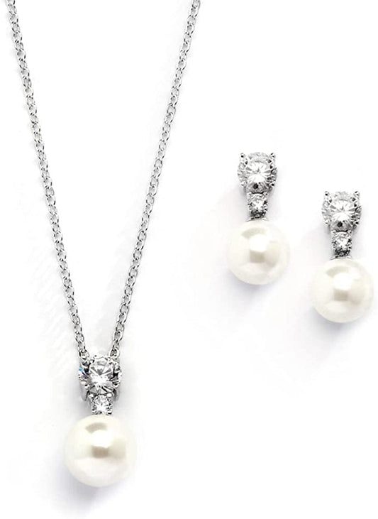 Cubic Zirconia & Ivory Pearl Wedding Necklace and Earrings Jewelry Set for Bridesmaids & Brides