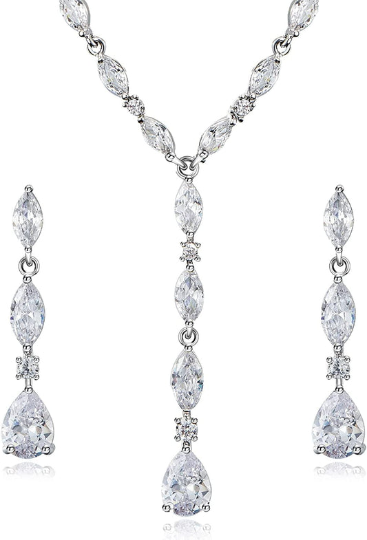 Cubic Zirconia Jewelry Set Necklace Earrings for Wedding Dangle Earrings Necklace Set Crystal Silver Earrings Necklace Girls Necklace and Earring Set Hypoallergenic Pierced Earrings for Women Jewelry Set for Brides Style 1 Silver