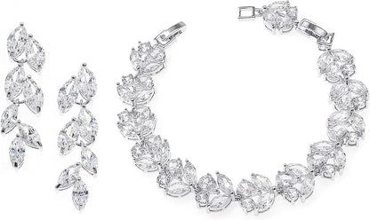 Cubic Zirconia Leafs Earrings Bracelet Jewelry Set for Bridal Bridesmaid Wedding Prom White Gold