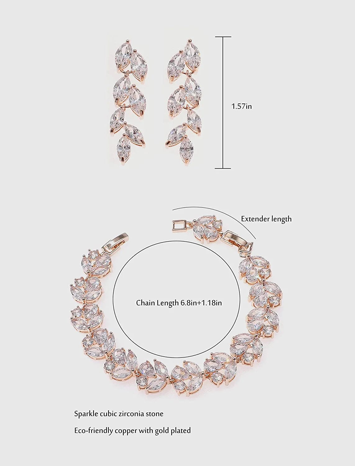 Cubic Zirconia Leafs Earrings Bracelet Jewelry Set for Bridal Bridesmaid Wedding Prom