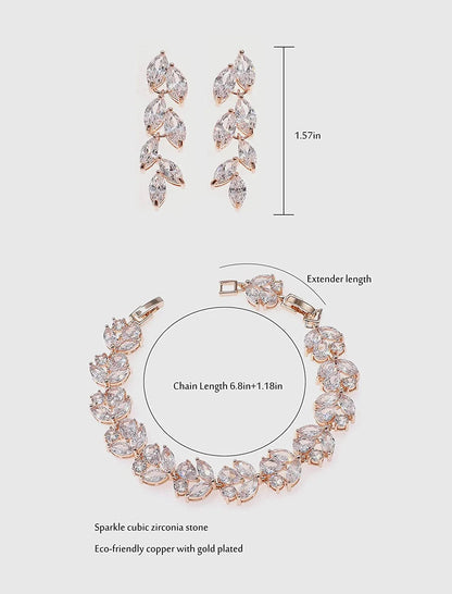 Cubic Zirconia Leafs Earrings Bracelet Jewelry Set for Bridal Bridesmaid Wedding Prom