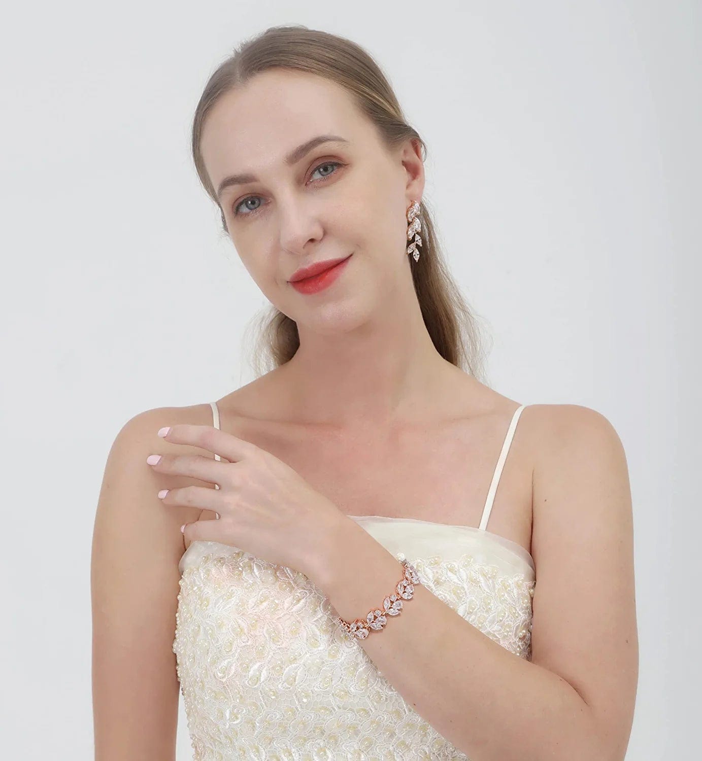 Cubic Zirconia Leafs Earrings Bracelet Jewelry Set for Bridal Bridesmaid Wedding Prom