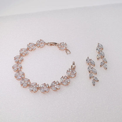 Cubic Zirconia Leafs Earrings Bracelet Jewelry Set for Bridal Bridesmaid Wedding Prom