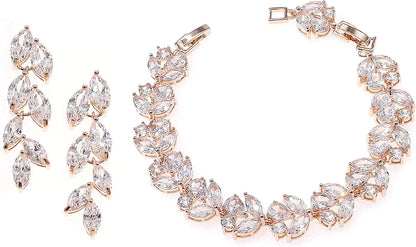 Cubic Zirconia Leafs Earrings Bracelet Jewelry Set for Bridal Bridesmaid Wedding Prom Rose Gold