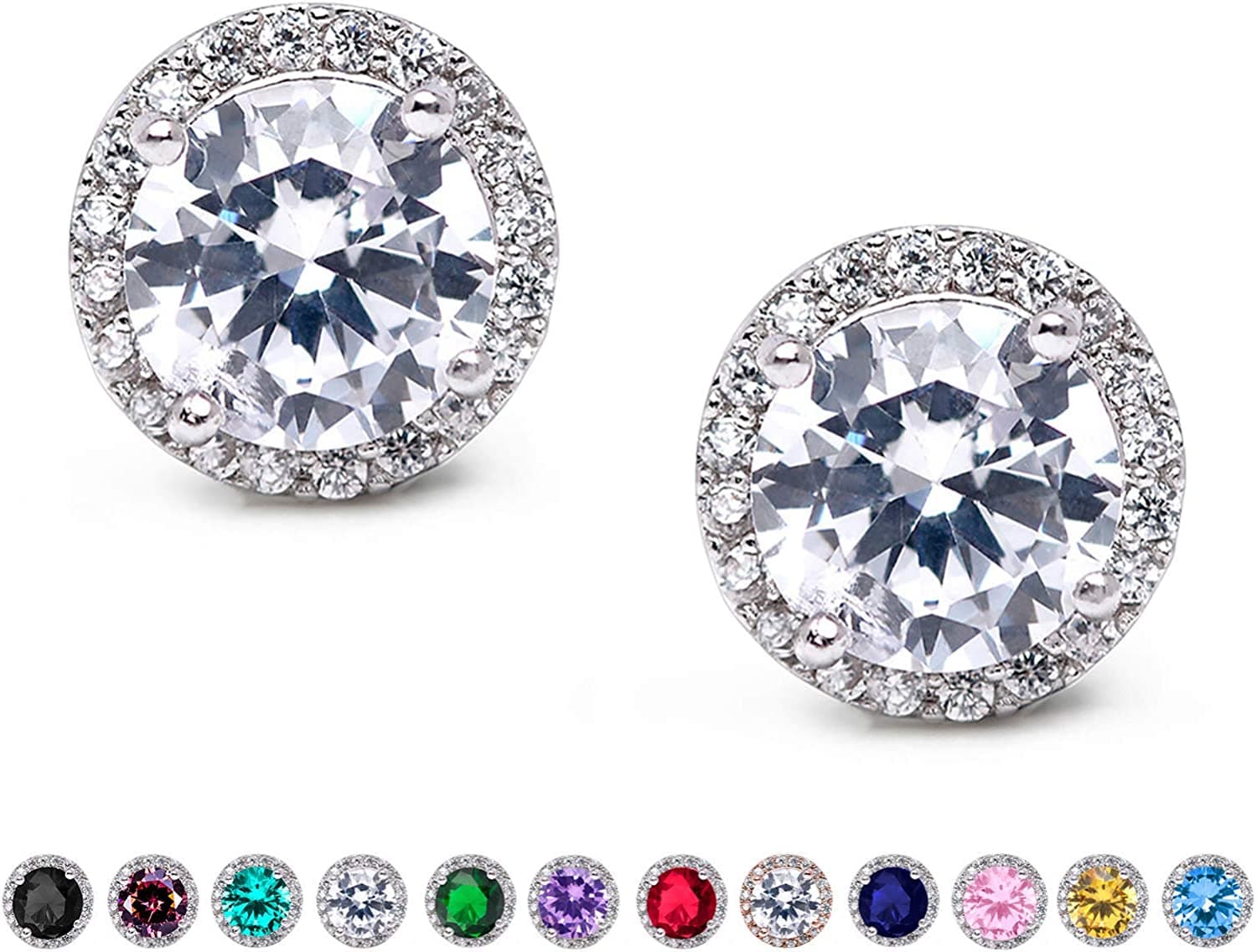 Cubic Zirconia Stud Earrings, 8Mm round Cut, Rhinestone Hypoallergenic Earrings for Women & Girls 01.Silver