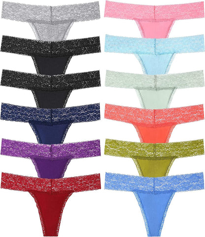 CULAYII Womens Cotton Thong Underwear Pack Lace Sexy Breathable Bikini Panties Soft Stretch T-Back Hollow Out