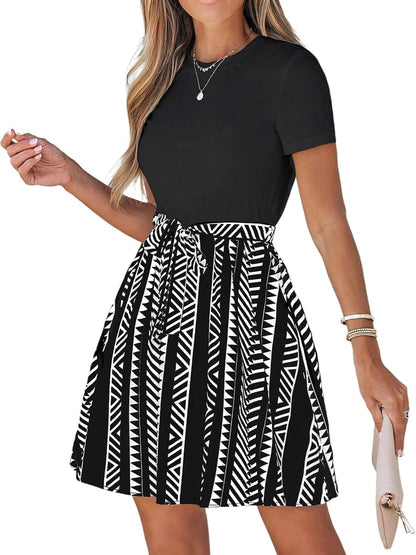 CUPSHE Geo Print Belted Combo Dress Short Sleeves Crew Neck Dresses Casual Summer Black / Medium