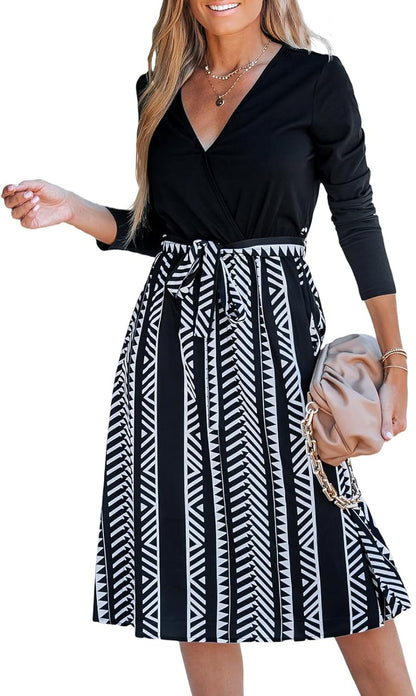 CUPSHE Geo Print Belted Combo Dress Short Sleeves Crew Neck Dresses Casual Summer Black-V Neck / Large