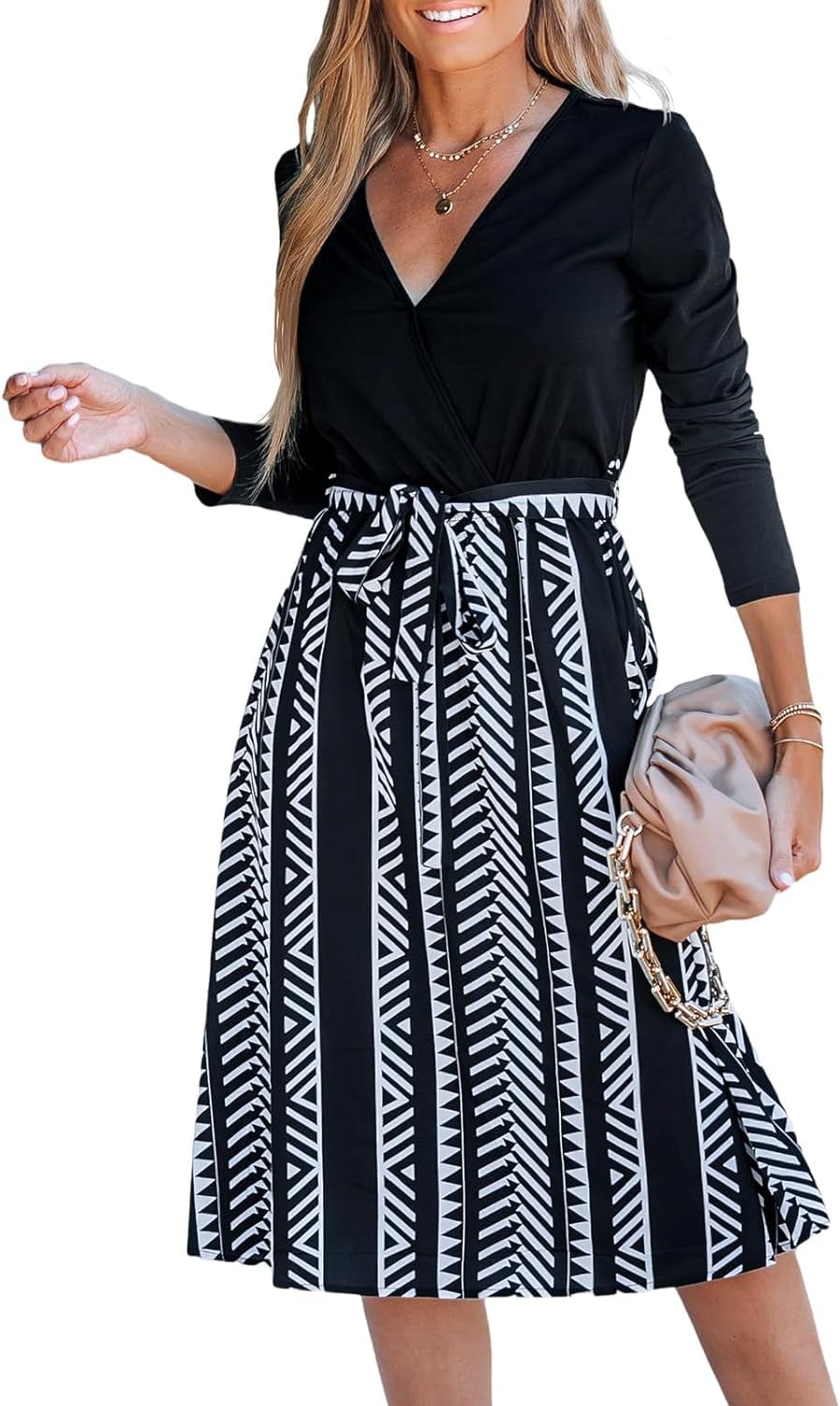 CUPSHE Geo Print Belted Combo Dress Short Sleeves Crew Neck Dresses Casual Summer Black-V Neck / Medium