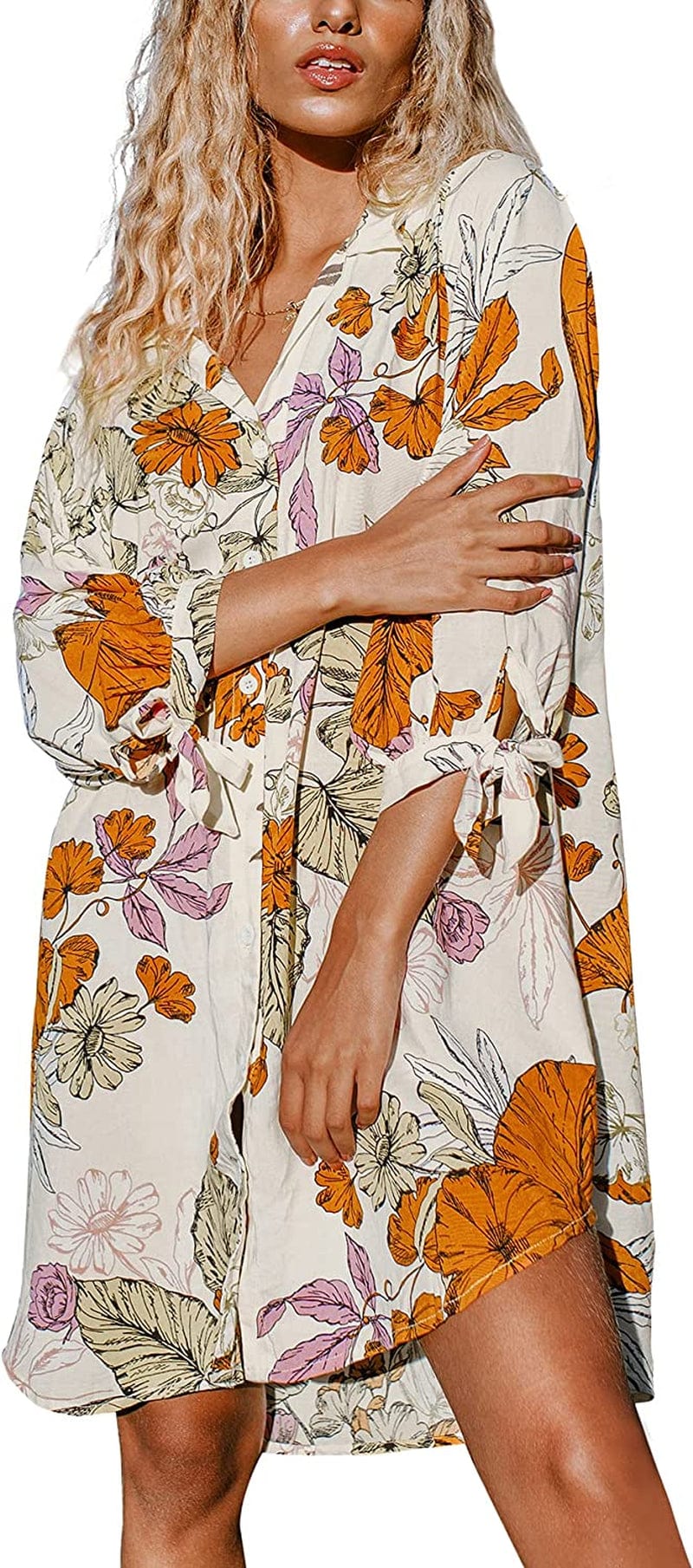 CUPSHE Women Floral Shirt Dress Mini Dress Beach Dress 3/4 Sleeve Button down Midi Length Dress Floral / Large