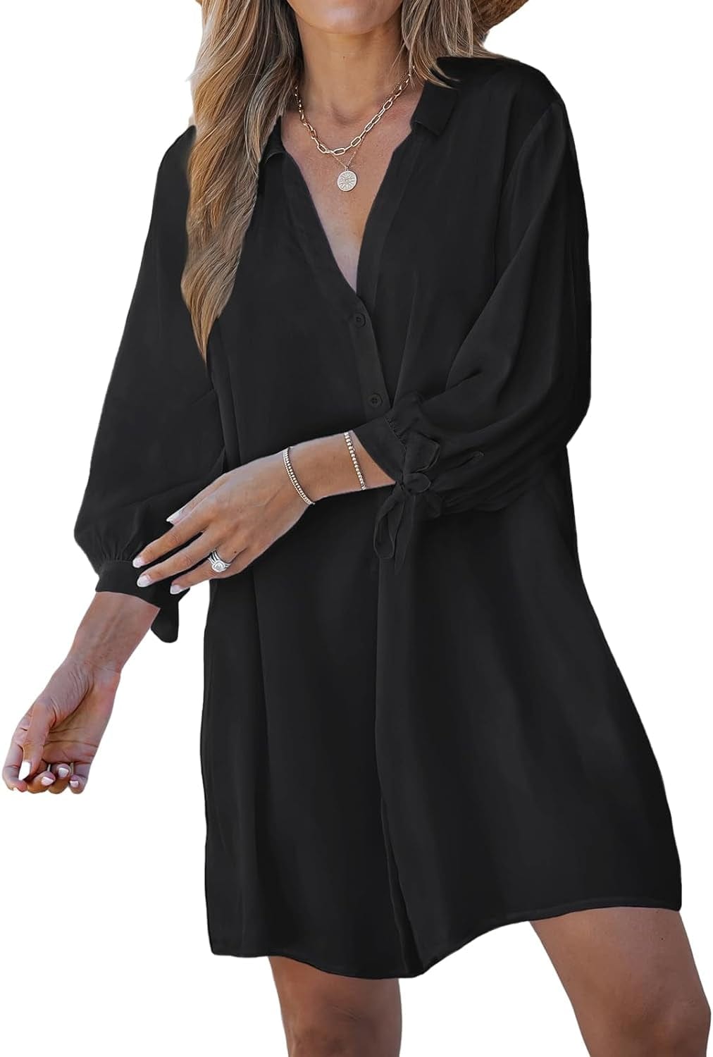 CUPSHE Women Floral Shirt Dress Mini Dress Beach Dress 3/4 Sleeve Button down Midi Length Dress Black / X-Large