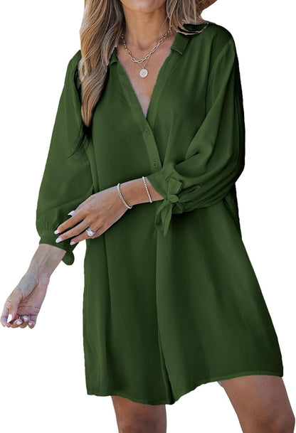 CUPSHE Women Floral Shirt Dress Mini Dress Beach Dress 3/4 Sleeve Button down Midi Length Dress Olive Green / Large