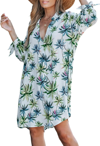 CUPSHE Women Floral Shirt Dress Mini Dress Beach Dress 3/4 Sleeve Button down Midi Length Dress Green Leaf / X-Small