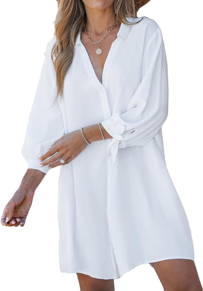 CUPSHE Women Floral Shirt Dress Mini Dress Beach Dress 3/4 Sleeve Button down Midi Length Dress