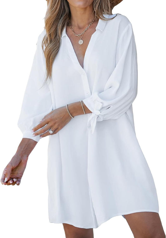 CUPSHE Women Floral Shirt Dress Mini Dress Beach Dress 3/4 Sleeve Button down Midi Length Dress