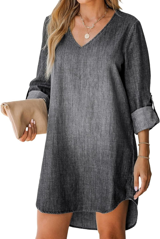 CUPSHE Women'S Denim Mini Dress Long Sleeves Dresses V-Neck Dressing Roll-Tab Cuffs Casual