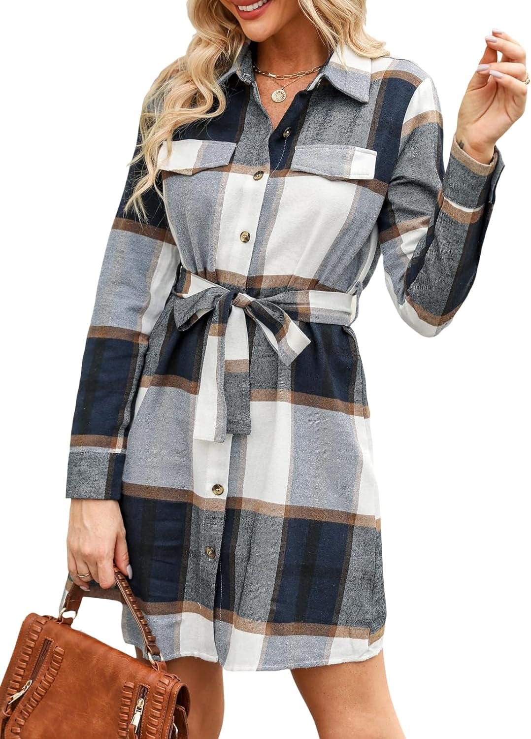 CUPSHE Women'S Mini Dress Belted Plaid Button-Front Casual Long Sleeve Short a Line Dress Navy Plaid / Medium