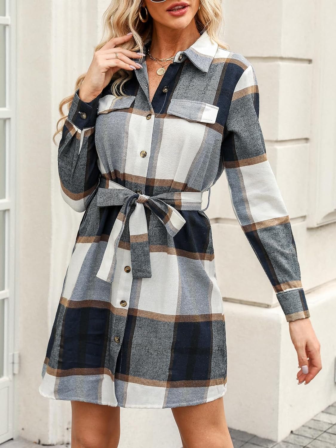 CUPSHE Women'S Mini Dress Belted Plaid Button-Front Casual Long Sleeve Short a Line Dress
