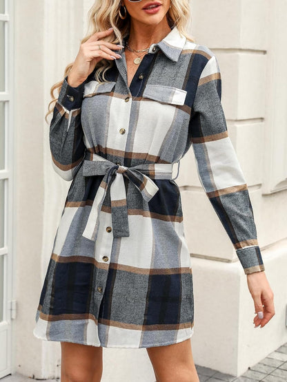 CUPSHE Women'S Mini Dress Belted Plaid Button-Front Casual Long Sleeve Short a Line Dress