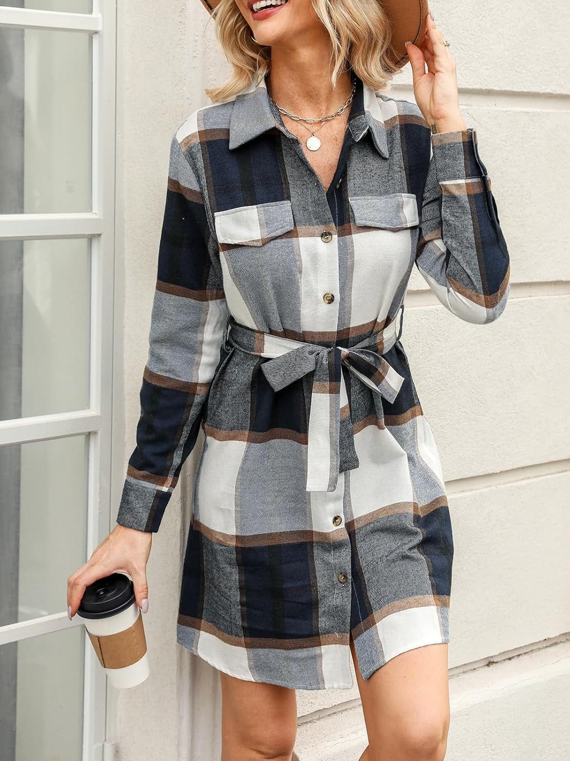 CUPSHE Women'S Mini Dress Belted Plaid Button-Front Casual Long Sleeve Short a Line Dress