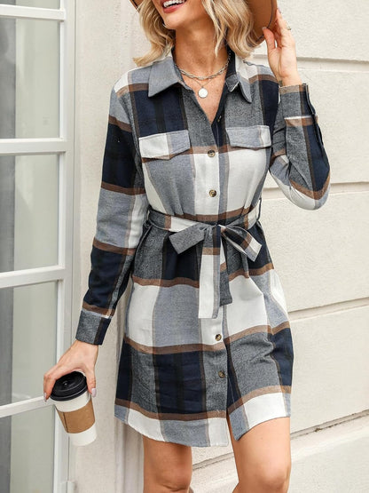 CUPSHE Women'S Mini Dress Belted Plaid Button-Front Casual Long Sleeve Short a Line Dress