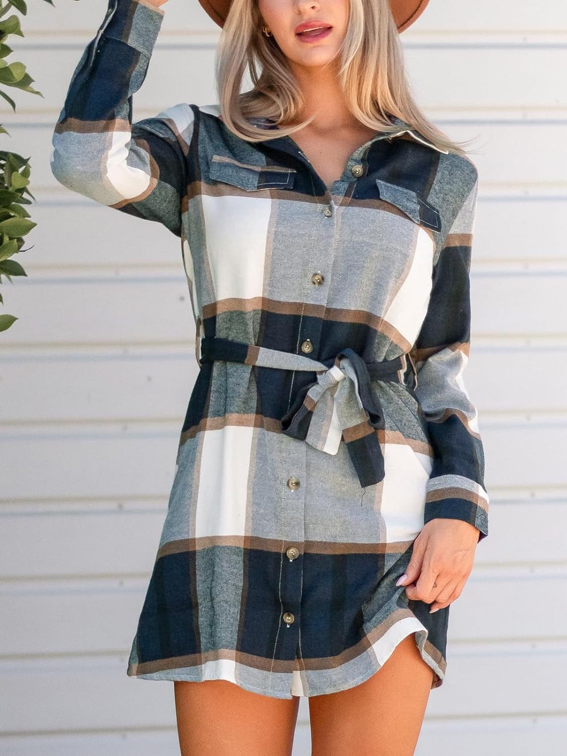 CUPSHE Women'S Mini Dress Belted Plaid Button-Front Casual Long Sleeve Short a Line Dress
