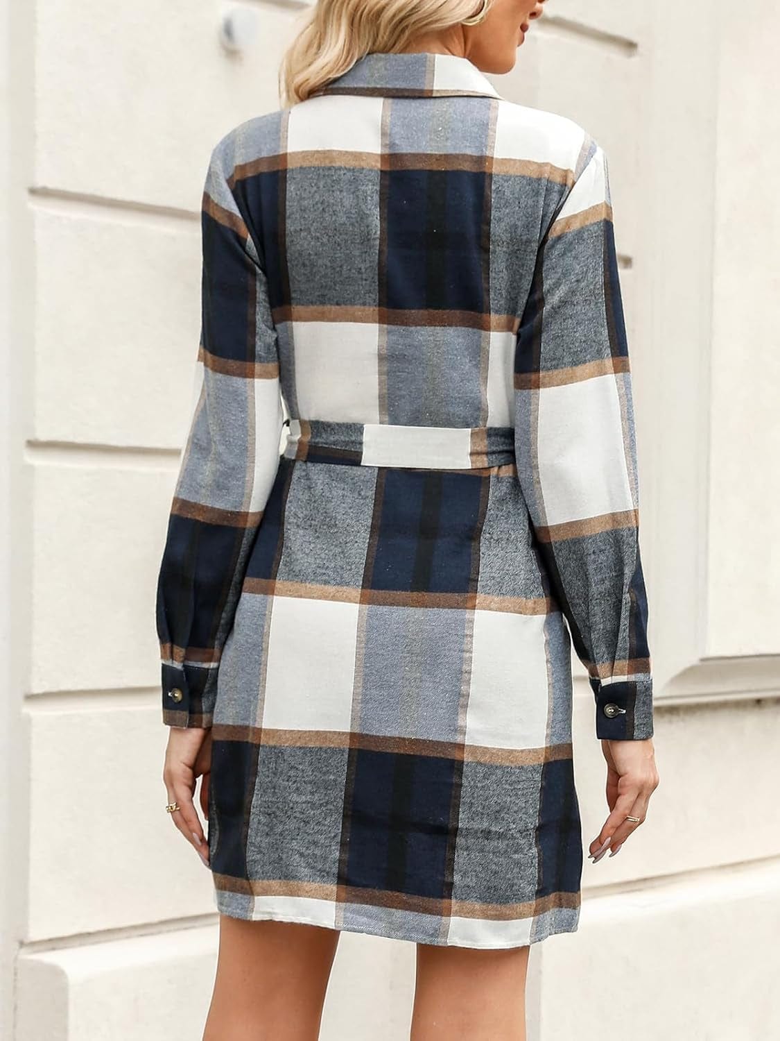 CUPSHE Women'S Mini Dress Belted Plaid Button-Front Casual Long Sleeve Short a Line Dress