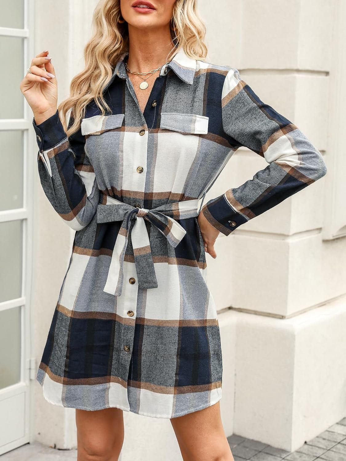 CUPSHE Women'S Mini Dress Belted Plaid Button-Front Casual Long Sleeve Short a Line Dress