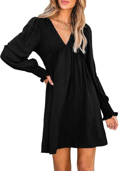 CUPSHE Women'S Mini Dress Smocked V Neck Long Sleeve Empire Waist Casual a Line Dress Black / Medium