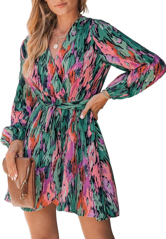 CUPSHE Women'S Mini Dress V Neck Belted Abstract Print Long Peasant Sleeves Multicolor Loose Fit a Line Short Casual Dresses