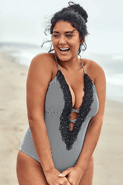CUPSHE Women'S plus Size One Piece Swimsuit Stripy Lace V Neck Bikini Apparel & Accessories > Clothing > Swimwear Kylie Max   